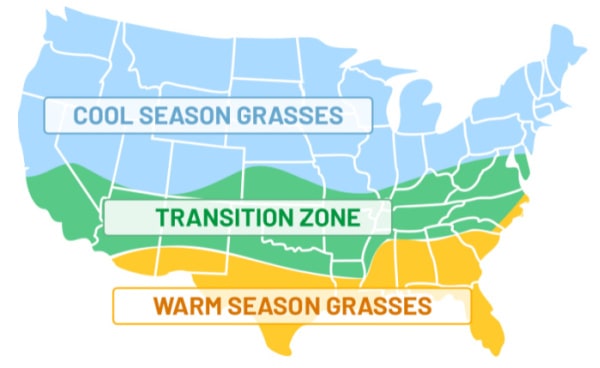 map of the United States cool season grass vs warm season grass zones