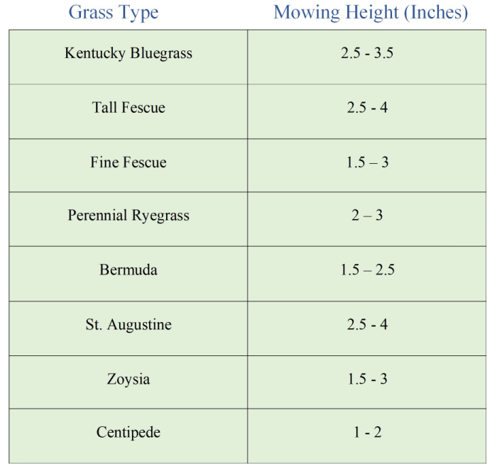 chart showing mowing heights based on grass type